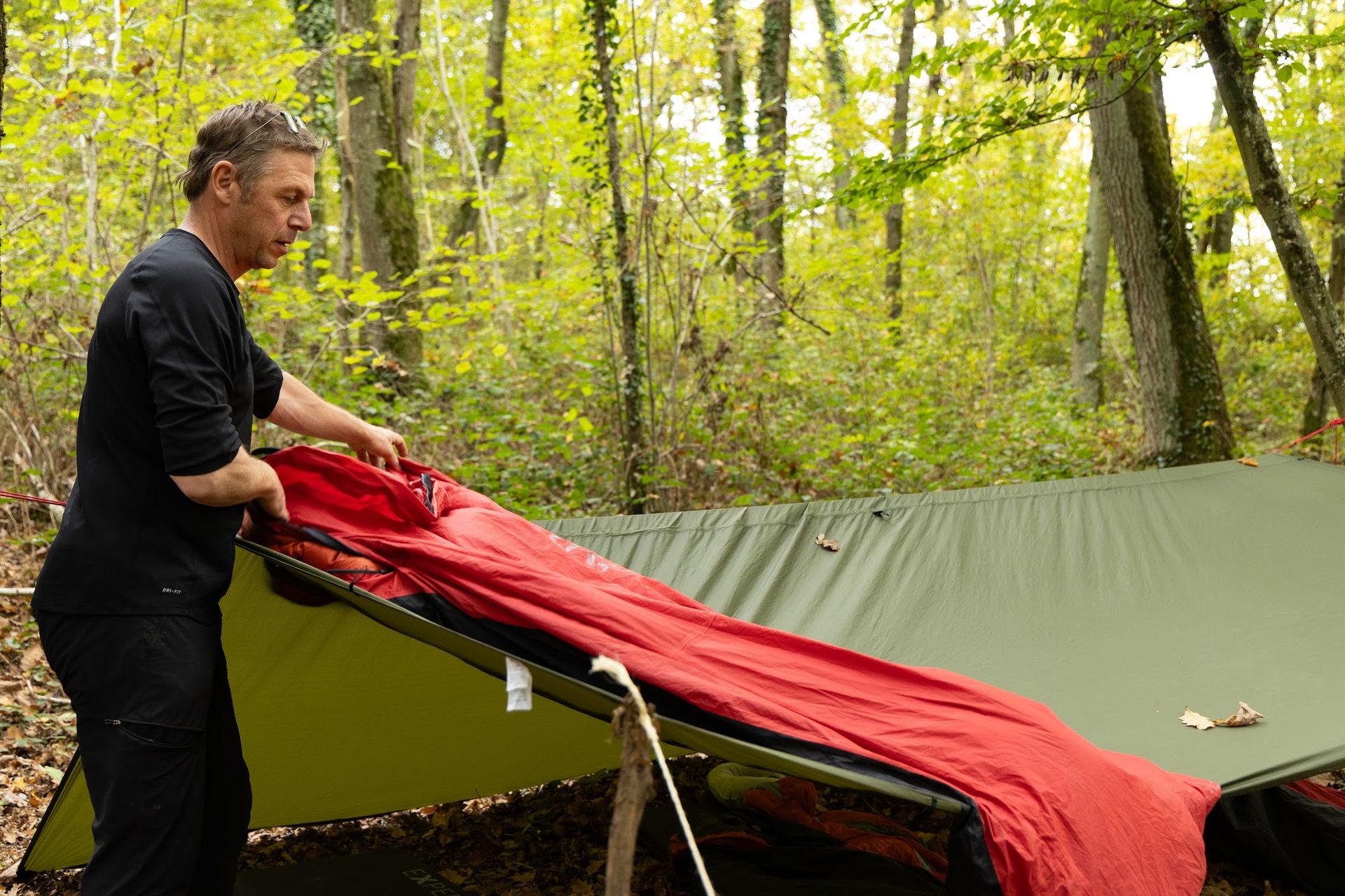 Pitching a tarp in the Ardennes