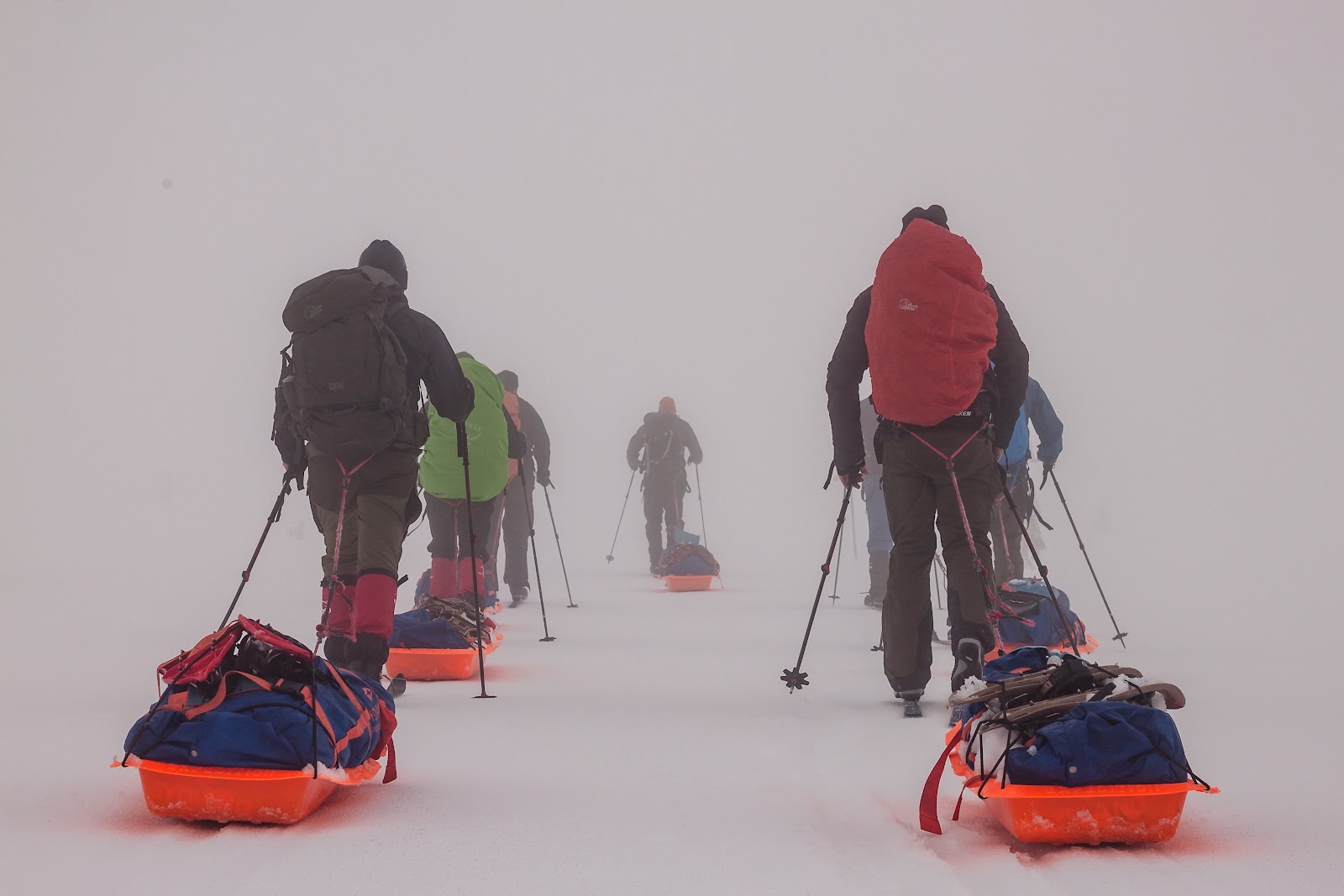 Line of pulkas in a whiteout on the Nordkalotten