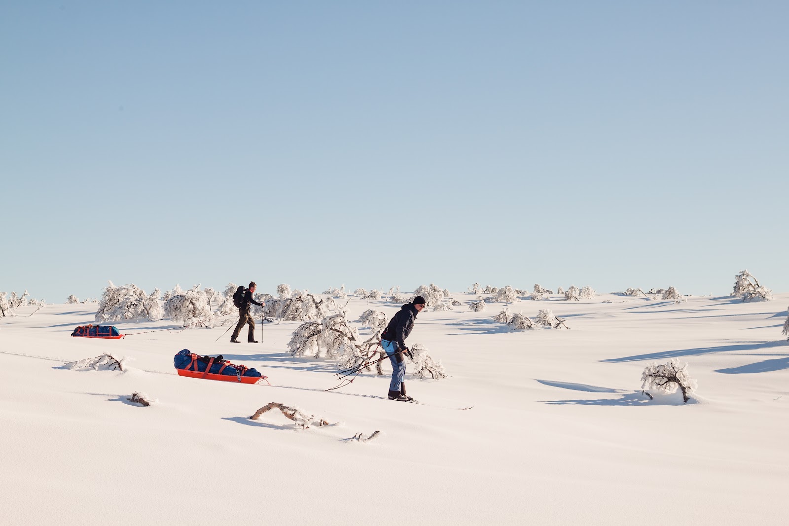 Two pulkas on a snow plain on the Nordkalotten