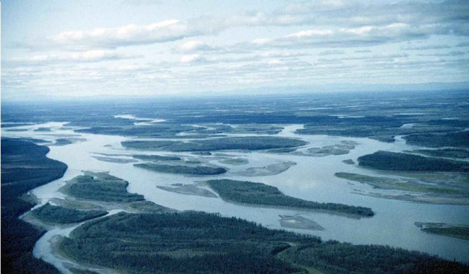 Luchtfoto van de Yukon met eilanden en zijarmen